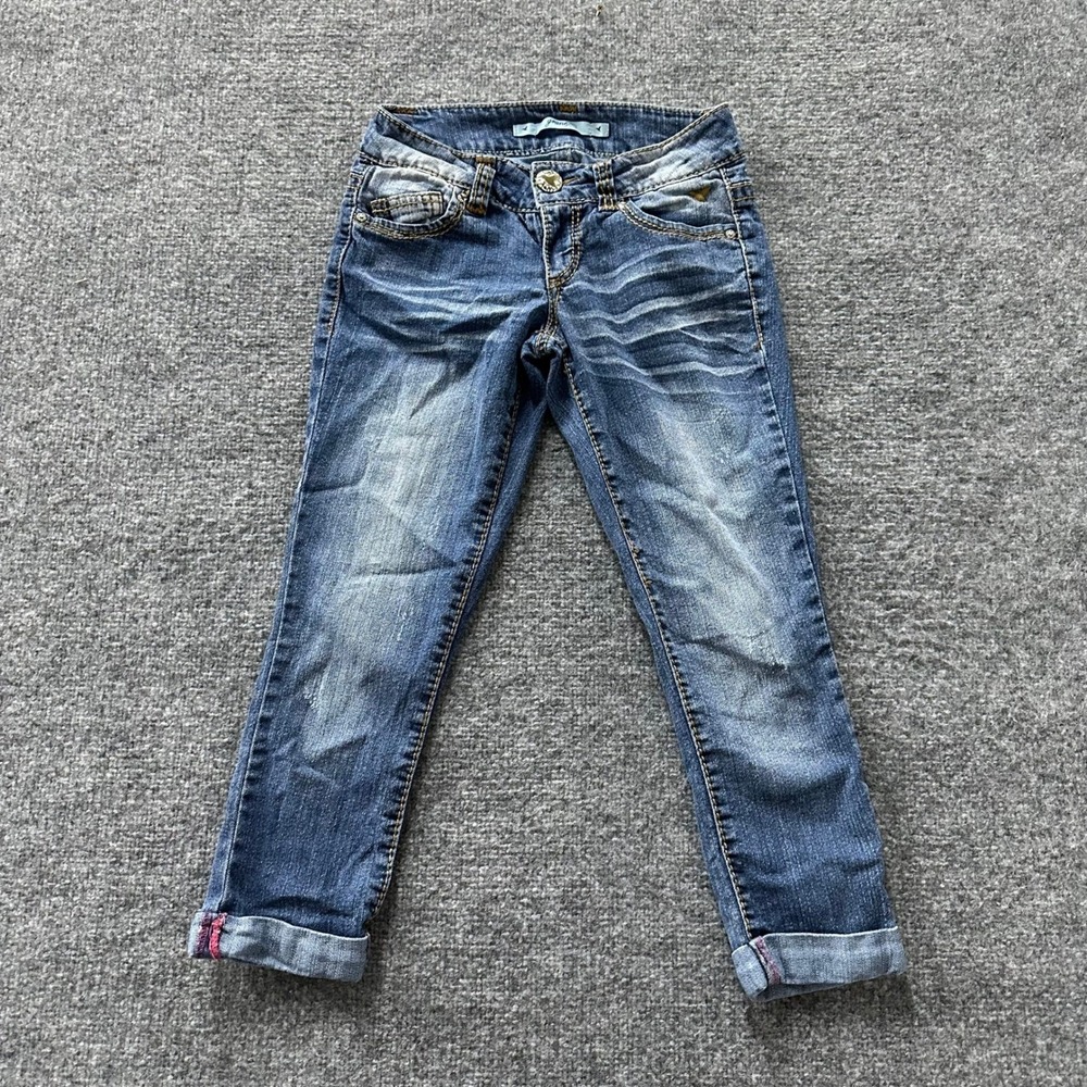 Grane Jeans Junior Size 1 Blue Ramie Cotton Blend Whiskered Cuffed Regular Fit
